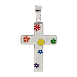 Stainless Steel Cross Pendant with Rainbow Flowers Lesbian Gay Pride Christian