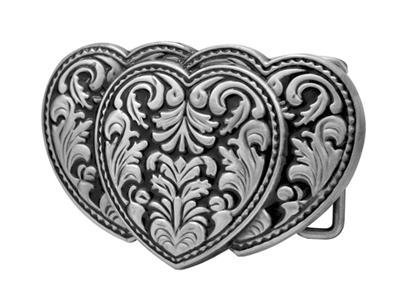 Silver Triple Hearts 3-D Belt Buckle on Black Enamel Western Cowgirl NEW