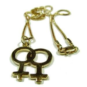 Lesbian Symbol 24K Gold Plate Pendant Double Female and Chain