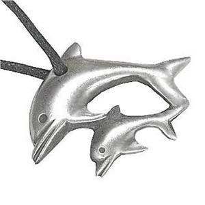 Mother and Baby Dolphins Pewter Pendant Necklace