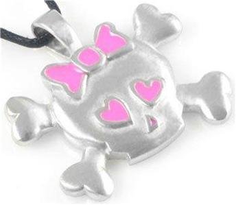 Skull and Crossbones Pink Hearts Pewter Pendant Cord