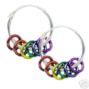 Gay Pride Rainbow Rings Hoop Earrings Silver 5/8 Inch