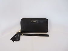 NEW AUTHENTIC DKNY BLACK GENUINE LEATHER DOUBLE ZIP AROUND WALLET/WRISTLET