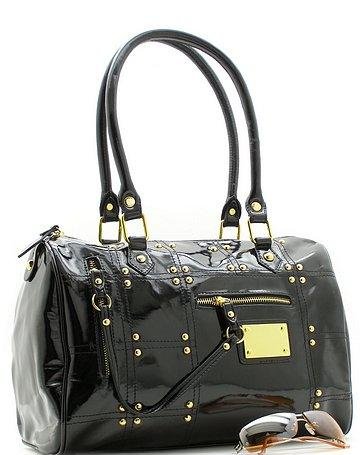 CLASSY BLACK GLOSSY FAUX LEATHER HANDBAG PURSE