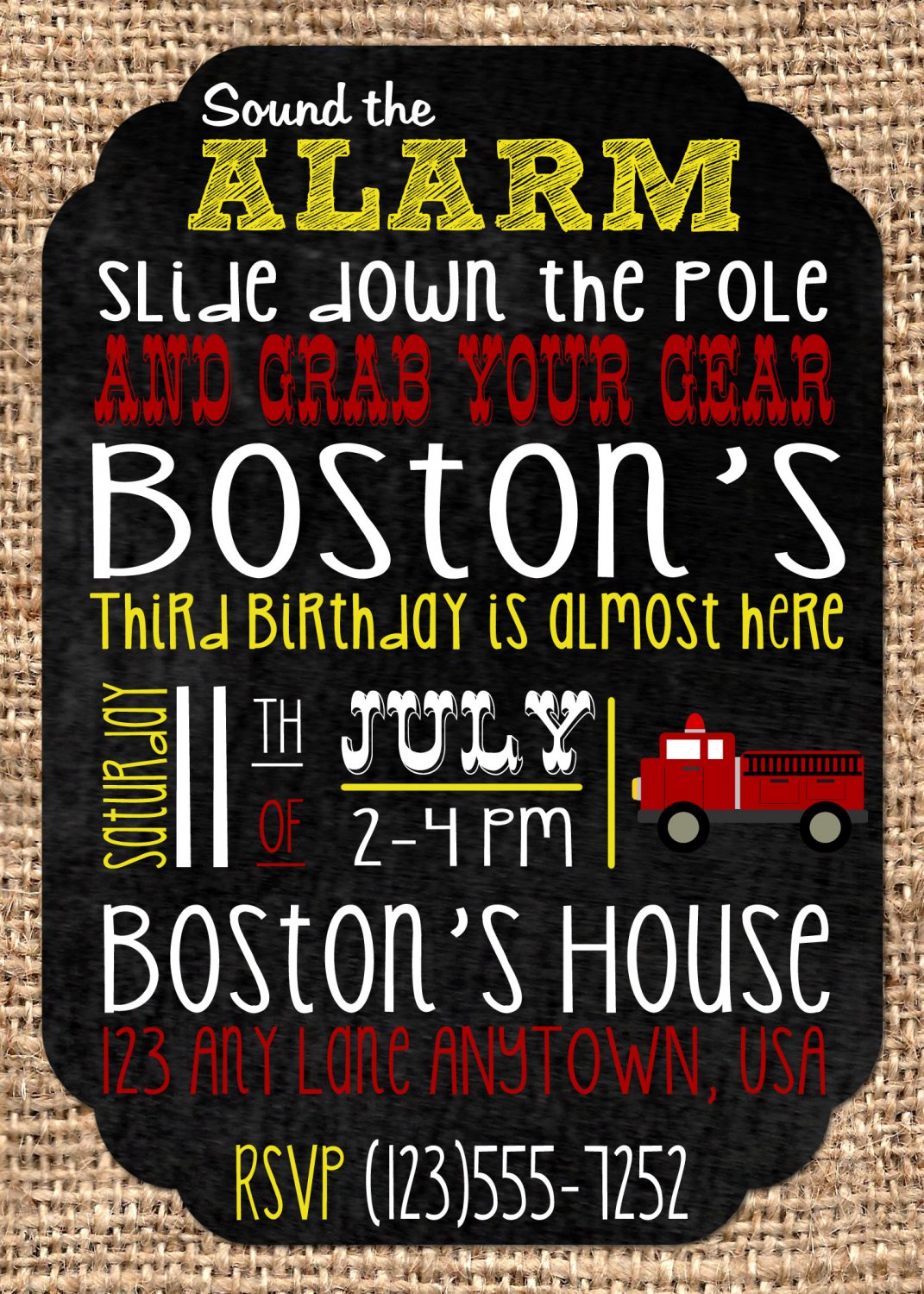 Fire Truck Party Birthday Invites - Printable - Firefighter - DIGITAL FILE - PRINTABLE