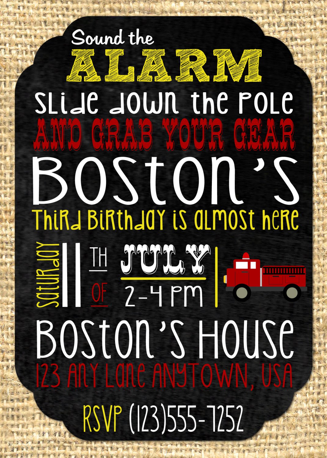 Fire Truck Party Birthday Golden Yellow Invites - Printable - Firefighter - DIGITAL FILE - PRINTABLE