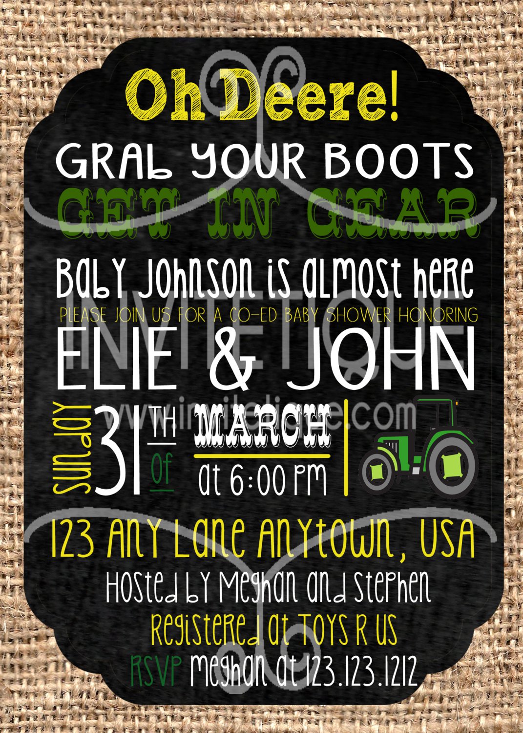 Green Tractor Baby Shower Tan Invites DIGITAL FILE - PRINTABLE