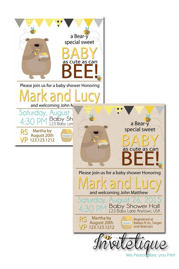 Honey bee and honey bear baby shower invite coed gender neutral printable