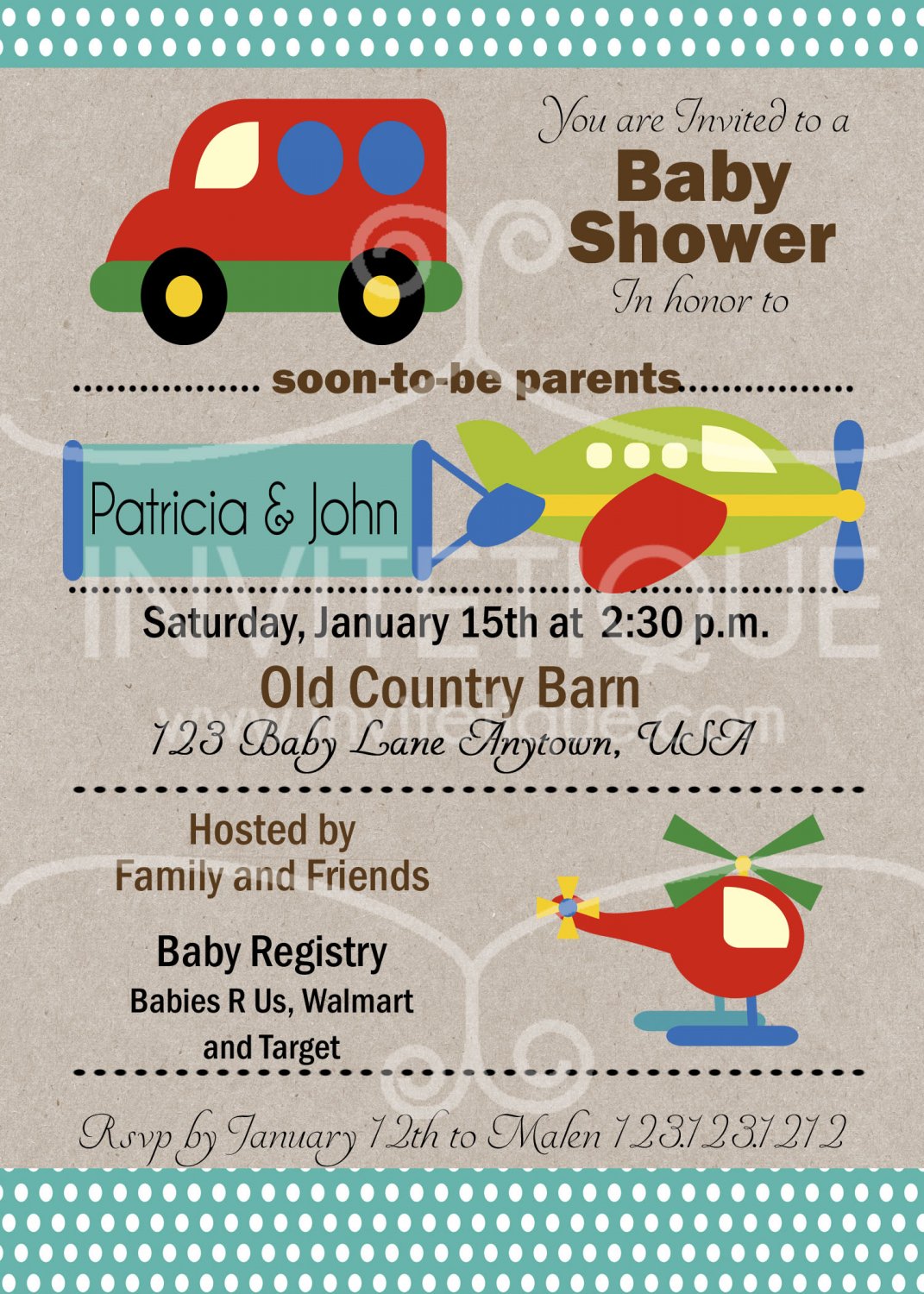 Cars Trucks Planes Teal Baby Shower Invitation, Transportation Party, DIY