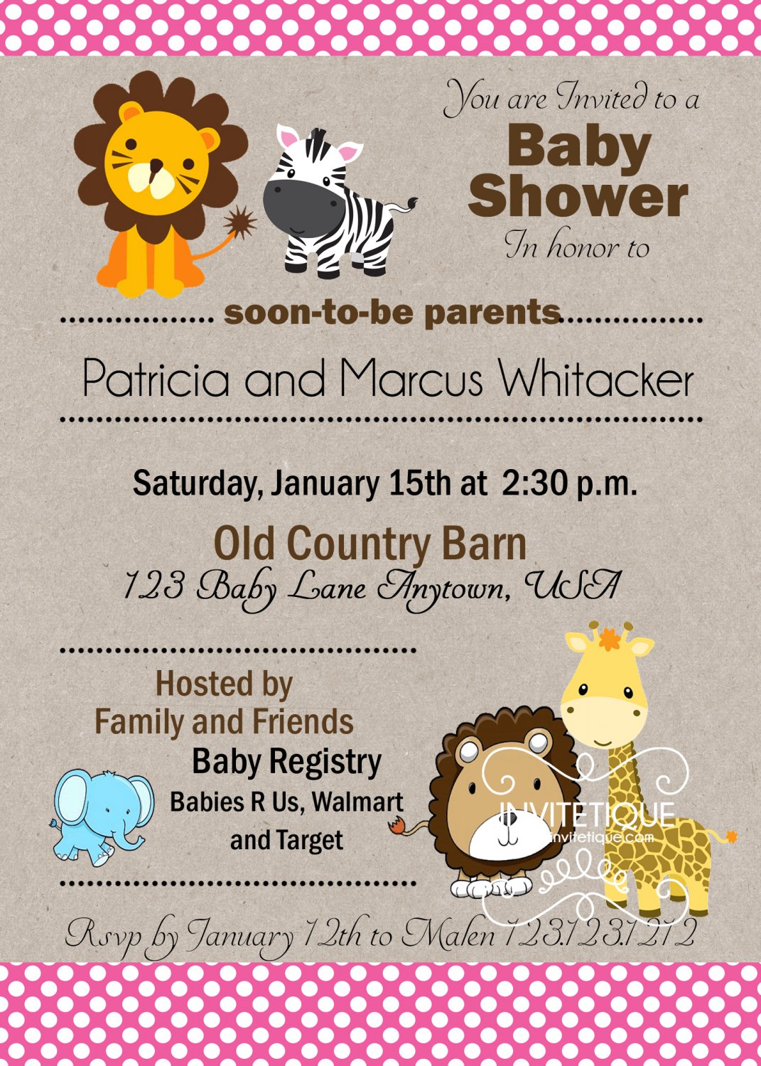 Zoo, Jungle, Safari Animals Pink Polka Dots Baby Shower Invitation - Customizable - Printable