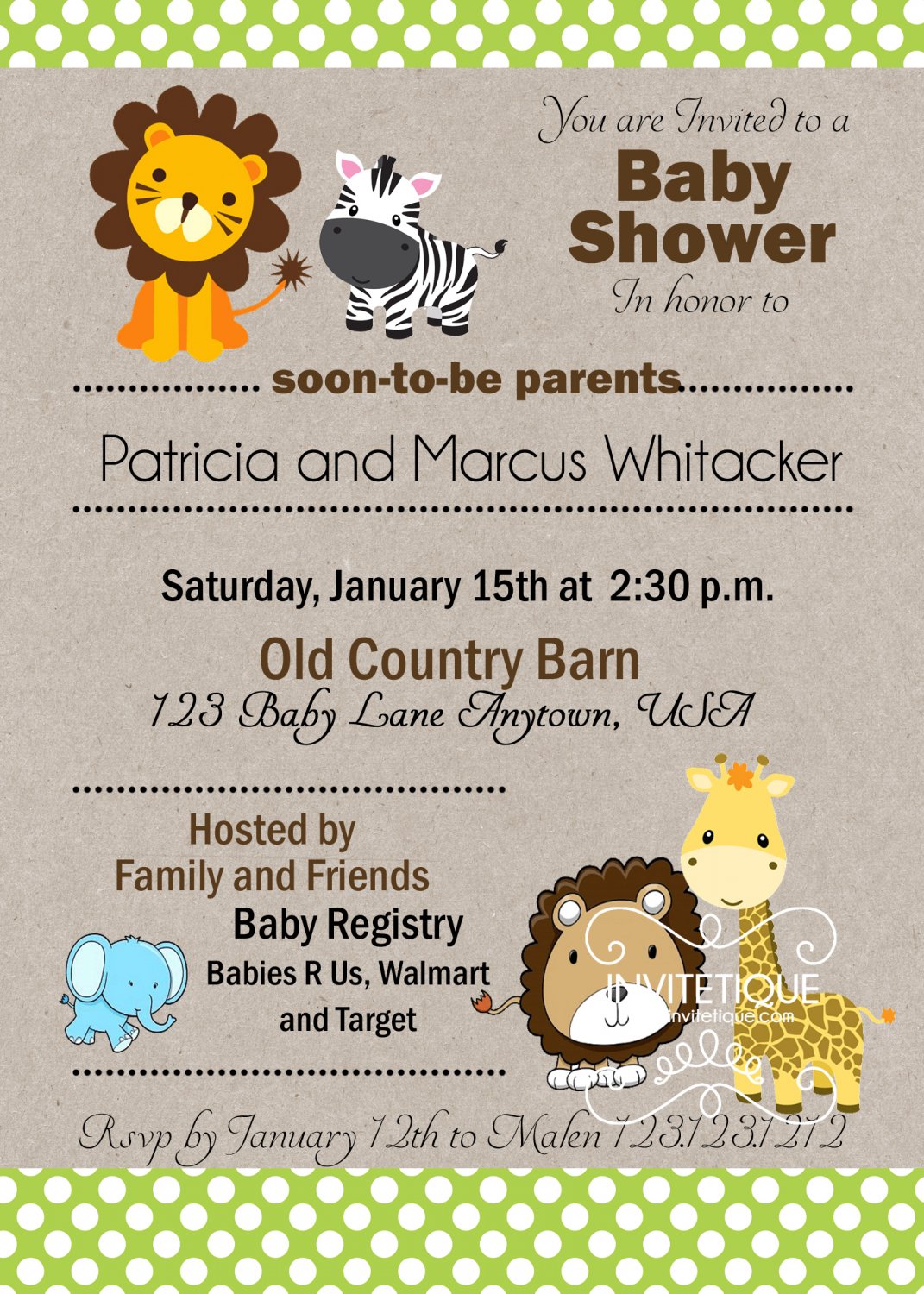 Zoo, Jungle, Safari Animals Green Polka Dots Baby Shower Invitation - Customizable
