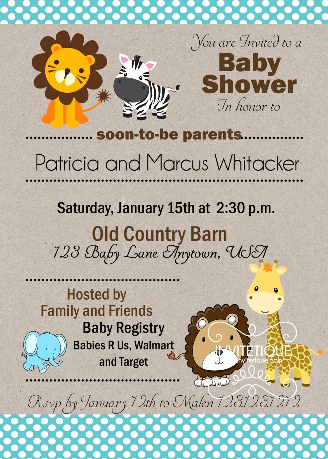 Zoo, Jungle, Safari Animals Blue Polka Dots Baby Shower Invitation - Customizable