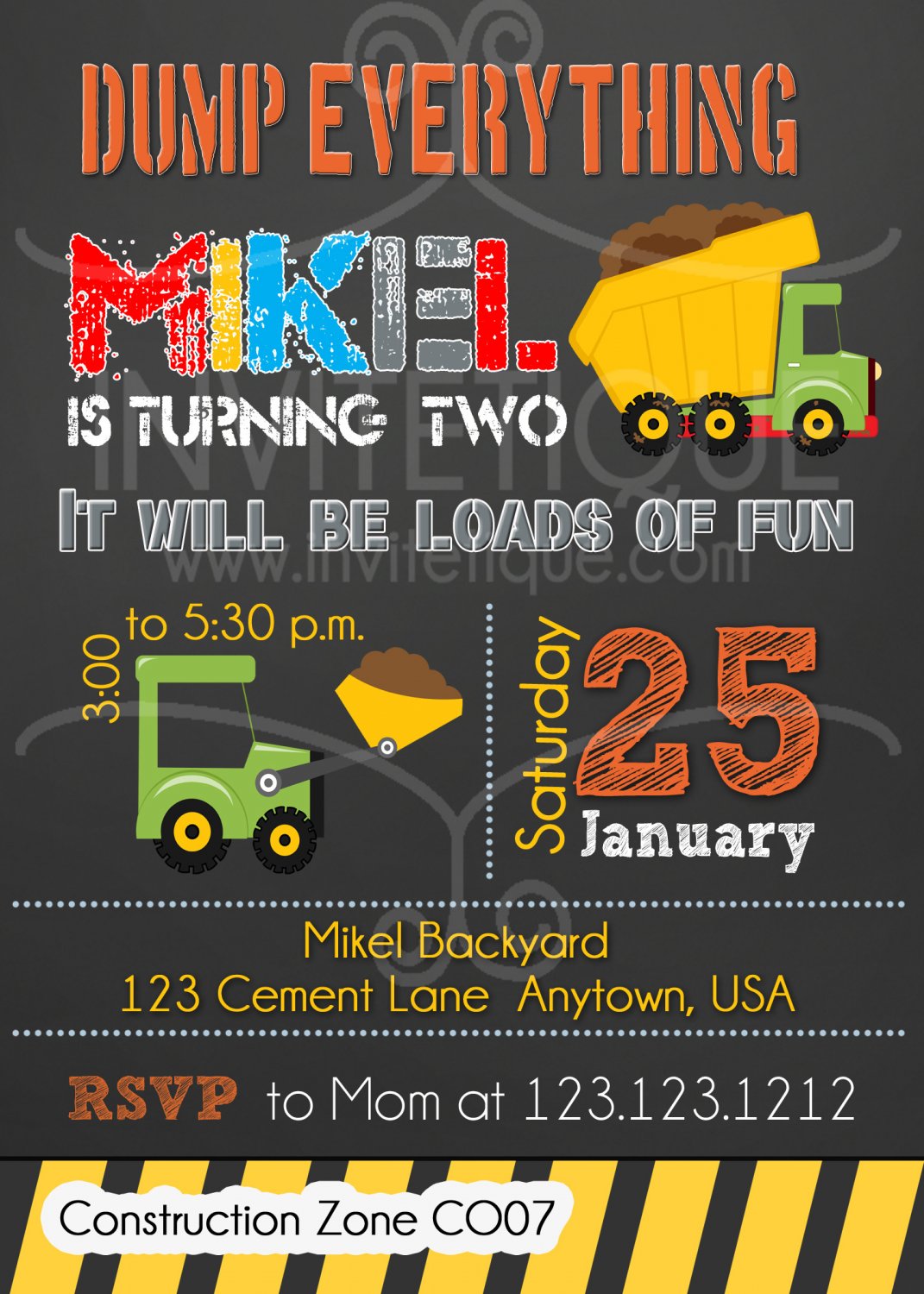 Green Construction invitation in chalkboard - construction birthday party decorations