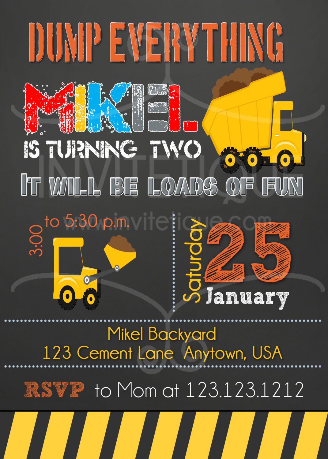 Yellow Construction invitation in chalkboard - construction birthday party decorations
