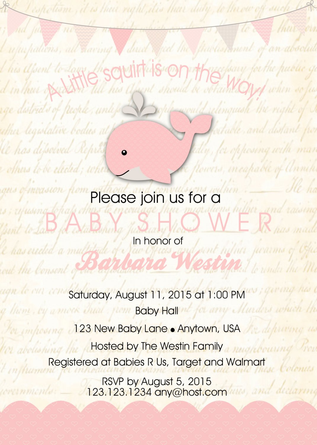 Girl Whale Baby Shower Invitation - Girl Baby Shower - Shower Invites - Under The Sea Party