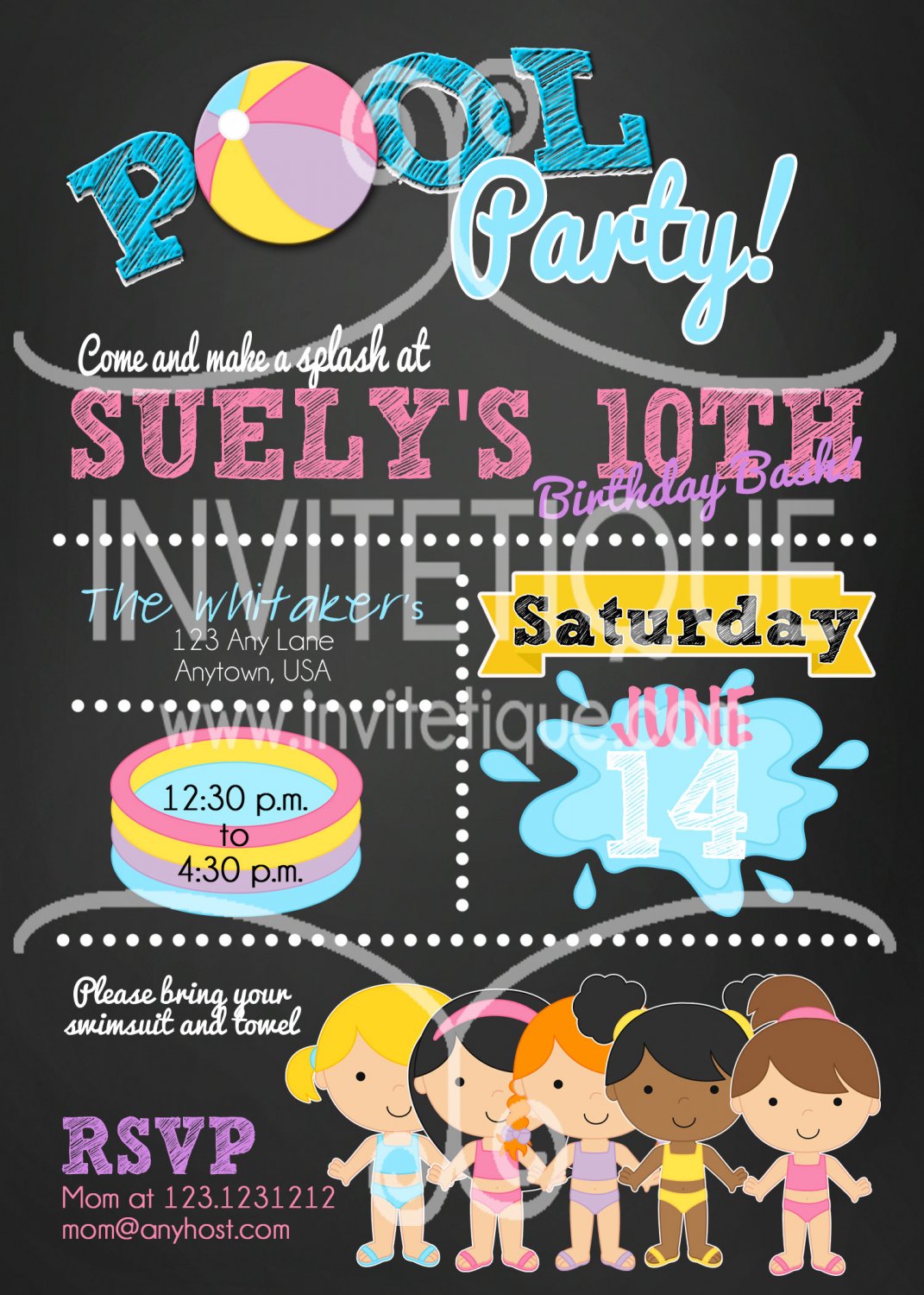 Girls Pool Party Birthday Bash Invitation, End of School Bash