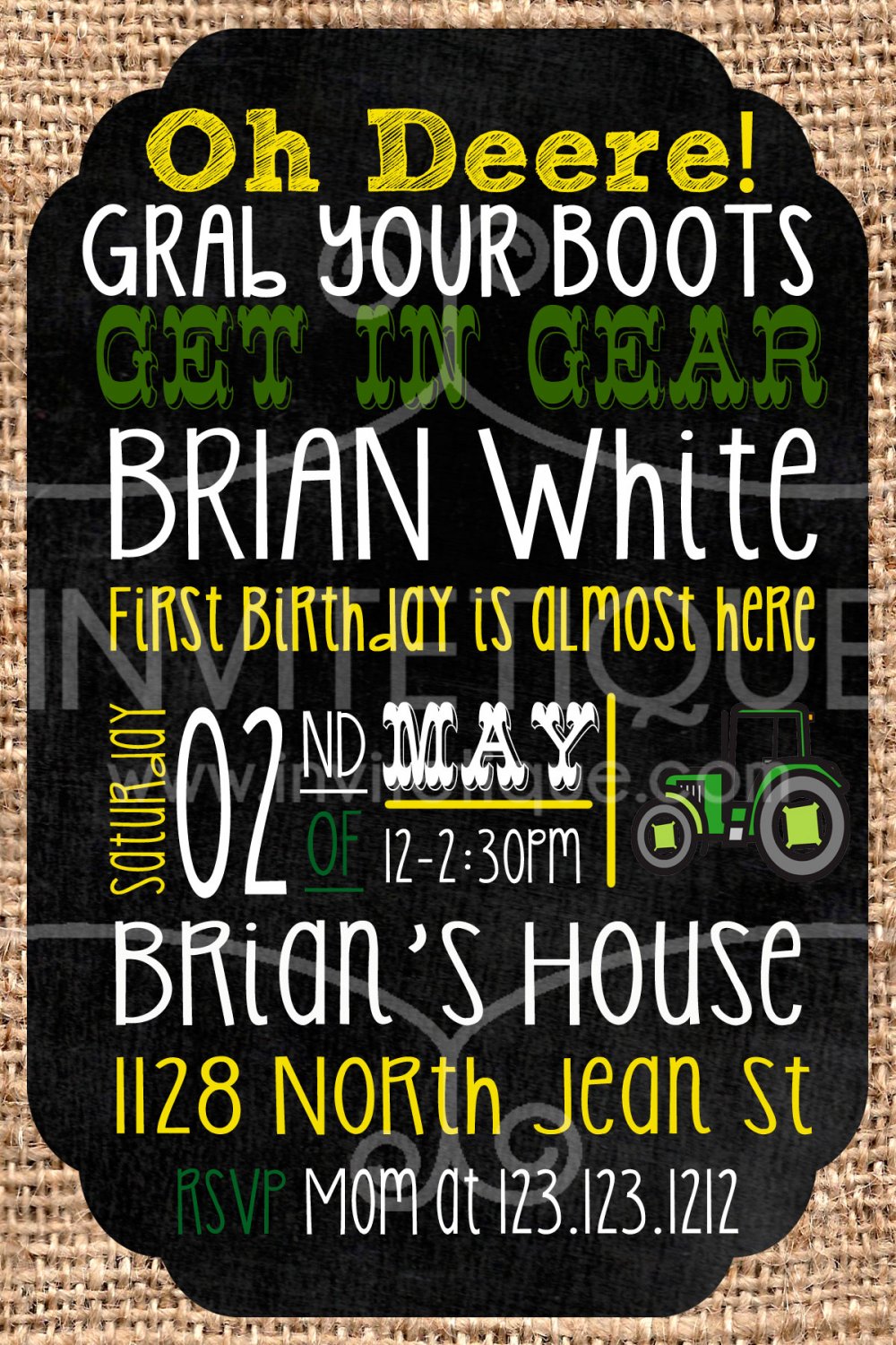 Green Tractor Birthday Tan Invites | Tractor | DIGITAL FILE | PRINTABLE