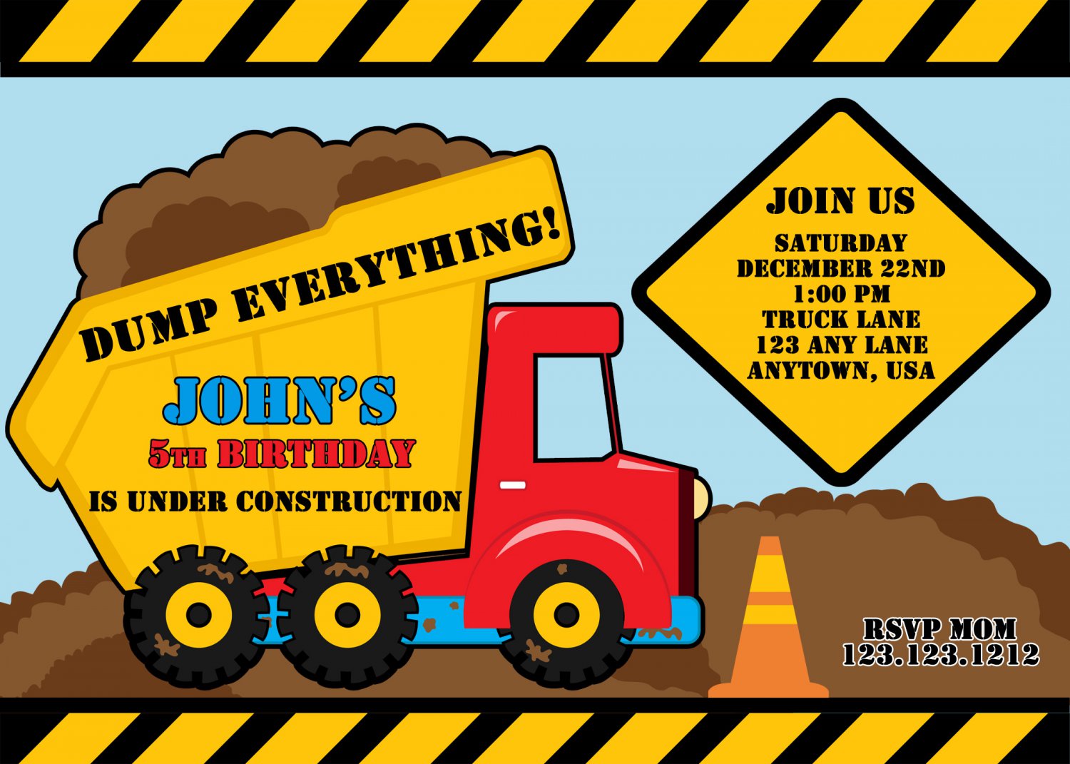 Red Dump Truck Construction Zone Birthday Invitations