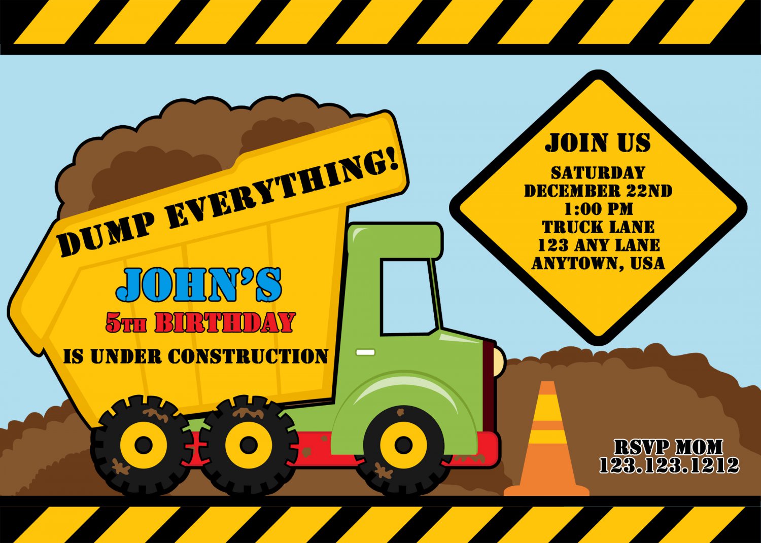 Green Dump Truck Construction Zone Birthday Invitations