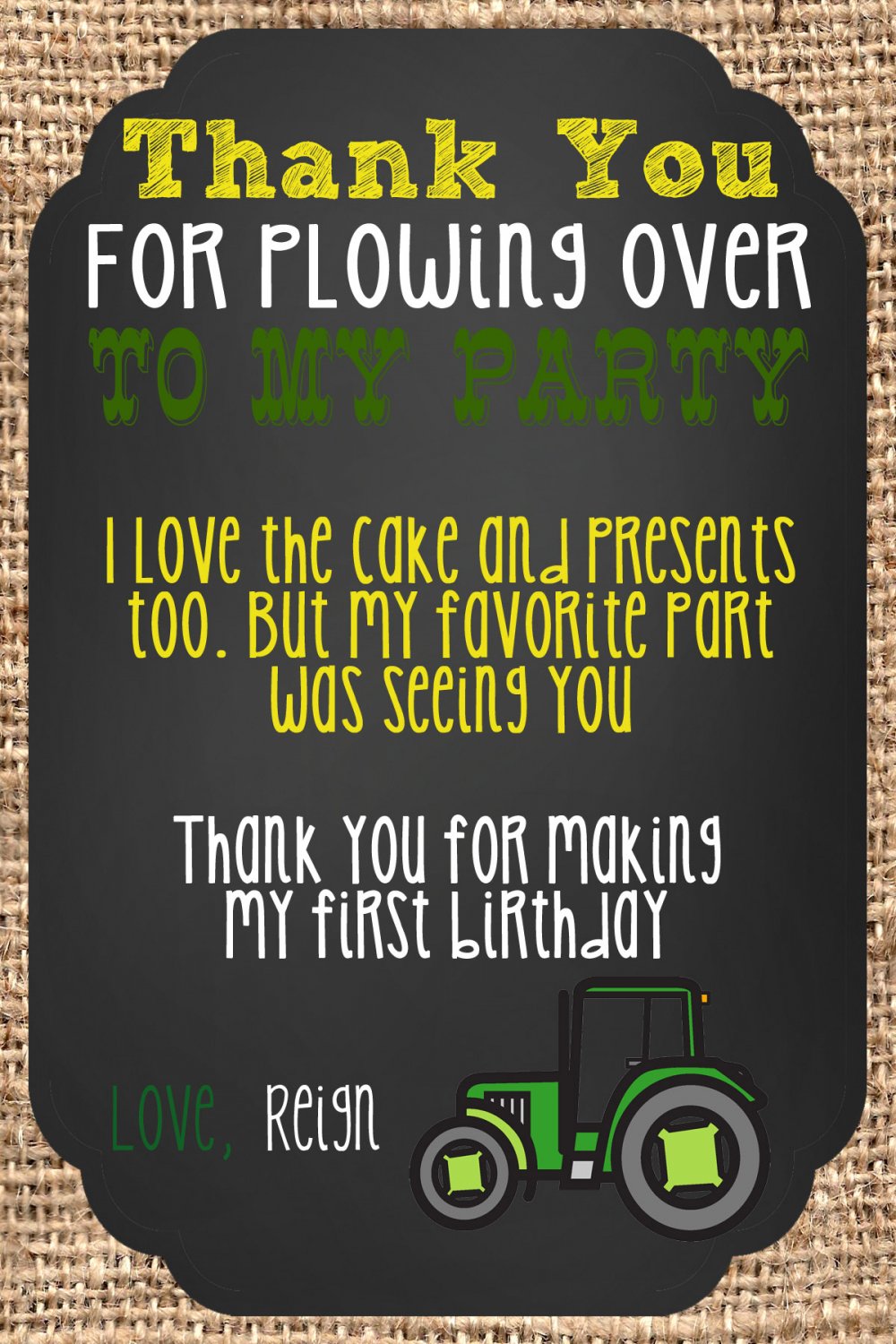Green Tractor tan Burlap Birthday Thank you notes