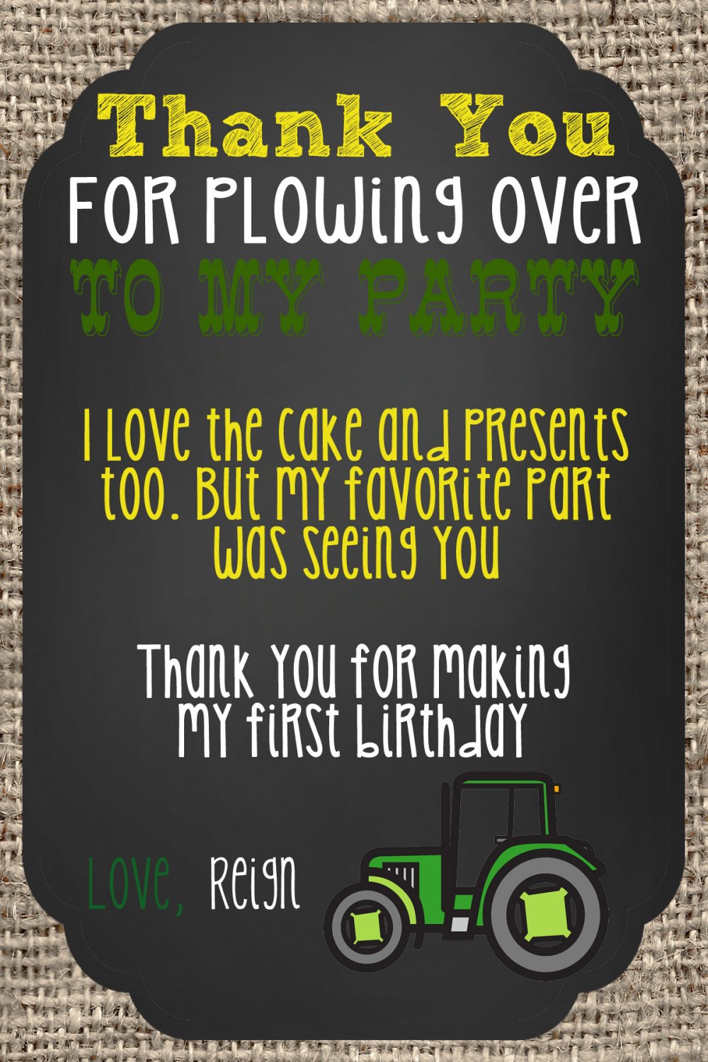 Green Tractor Brown Burlap Birthday Thank you notes