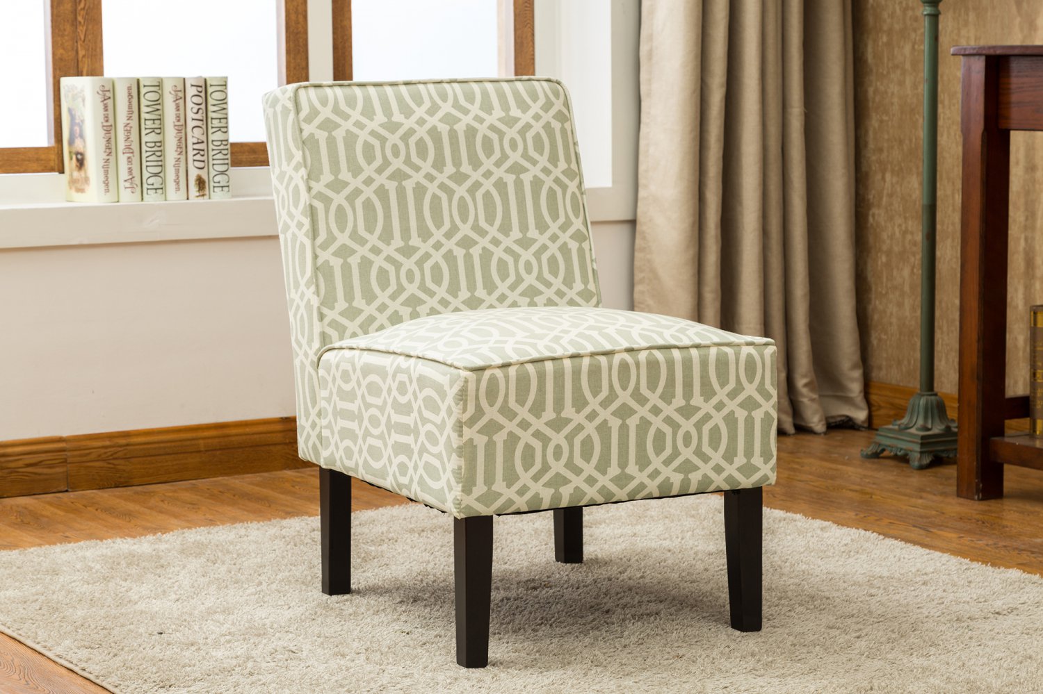 5092, White and Olive Upholstered Living Room Armless Accent Chair