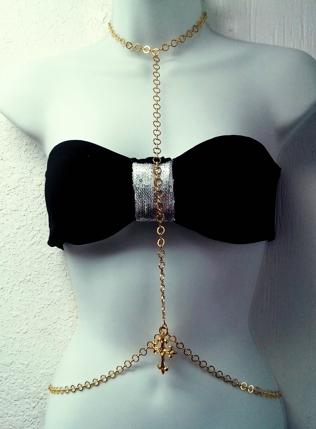Womens Choker Style Body Harness Necklace with Sculpted Old English Cross