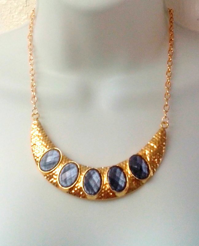 Gold Hammered Statement Necklace with Geode Druzy Gemstones by Eluxe Jewelry