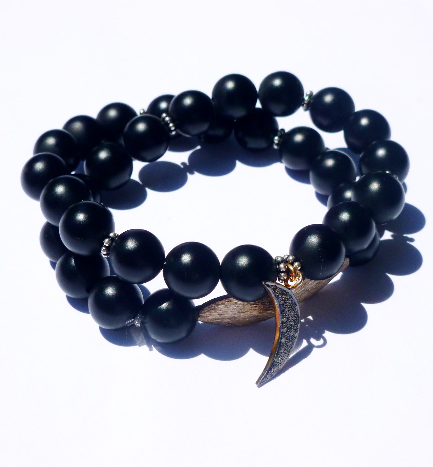 Pave Diamond and Black Onyx Wrap Bracelet with Crescent Moon