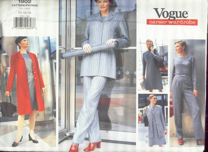 Vogue 1902 Career Wardrobe Jacket, Dress, Skirt, Pants uncut 14,16,18