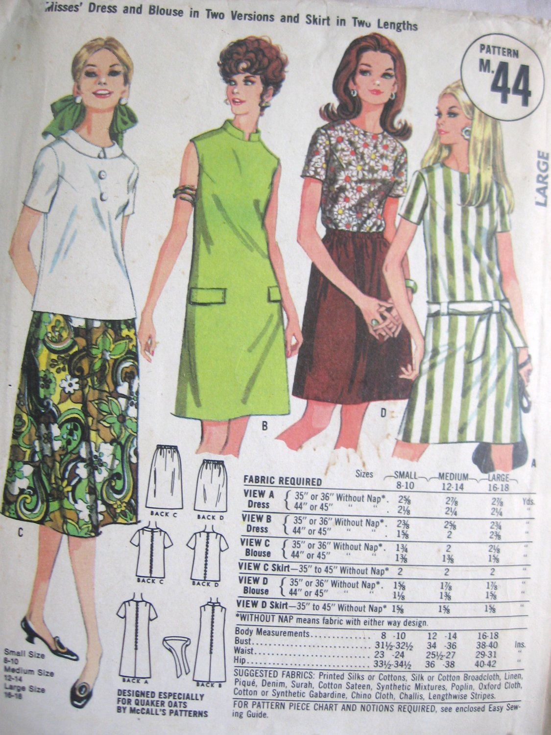 Vintage Quaker Oats Dress Blouse and Skirt Pattern Size Large no M 44