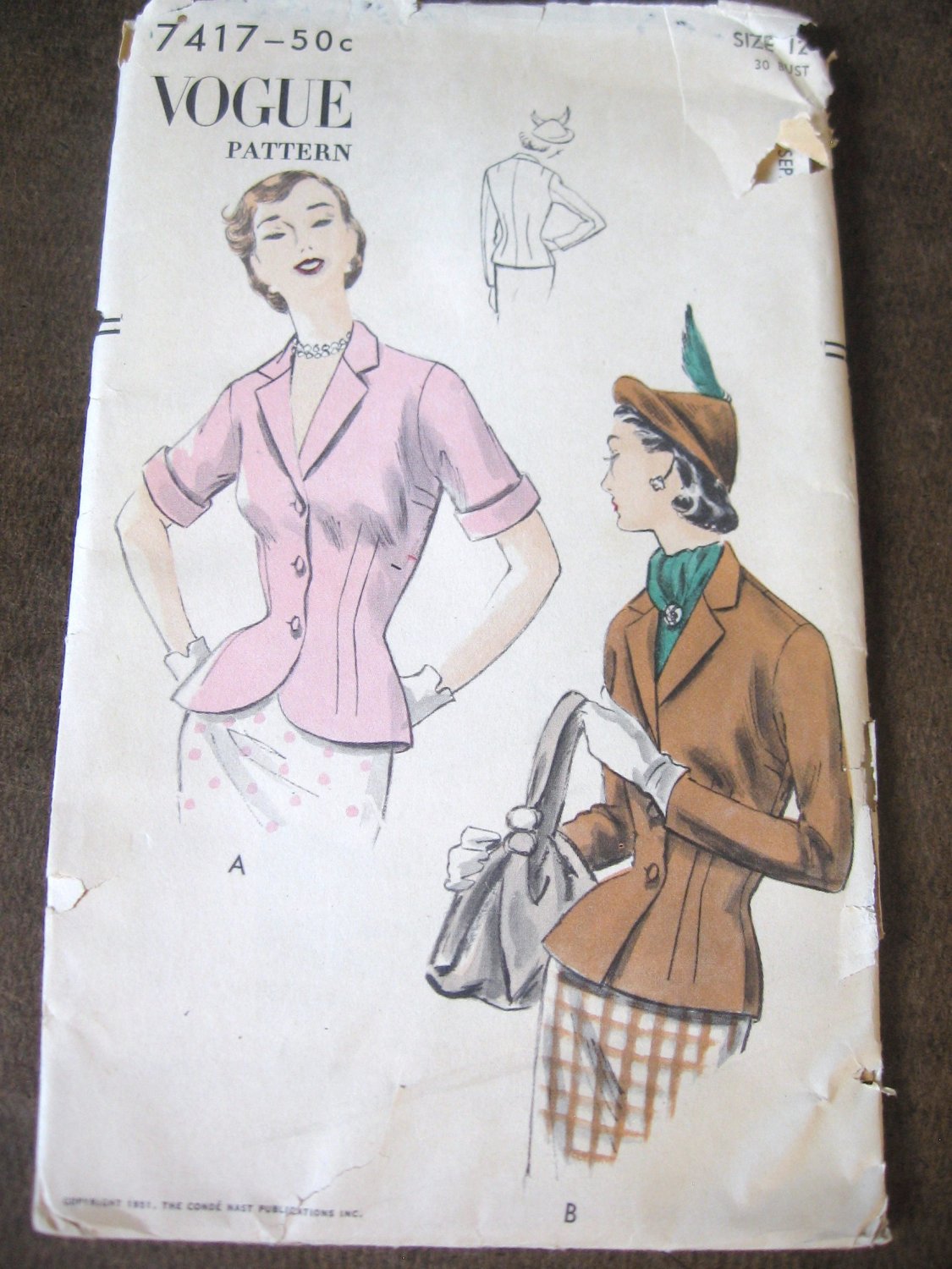 Vintage 50's Short Fitted Jacket Sewing Pattern Vogue 7417 sz 12