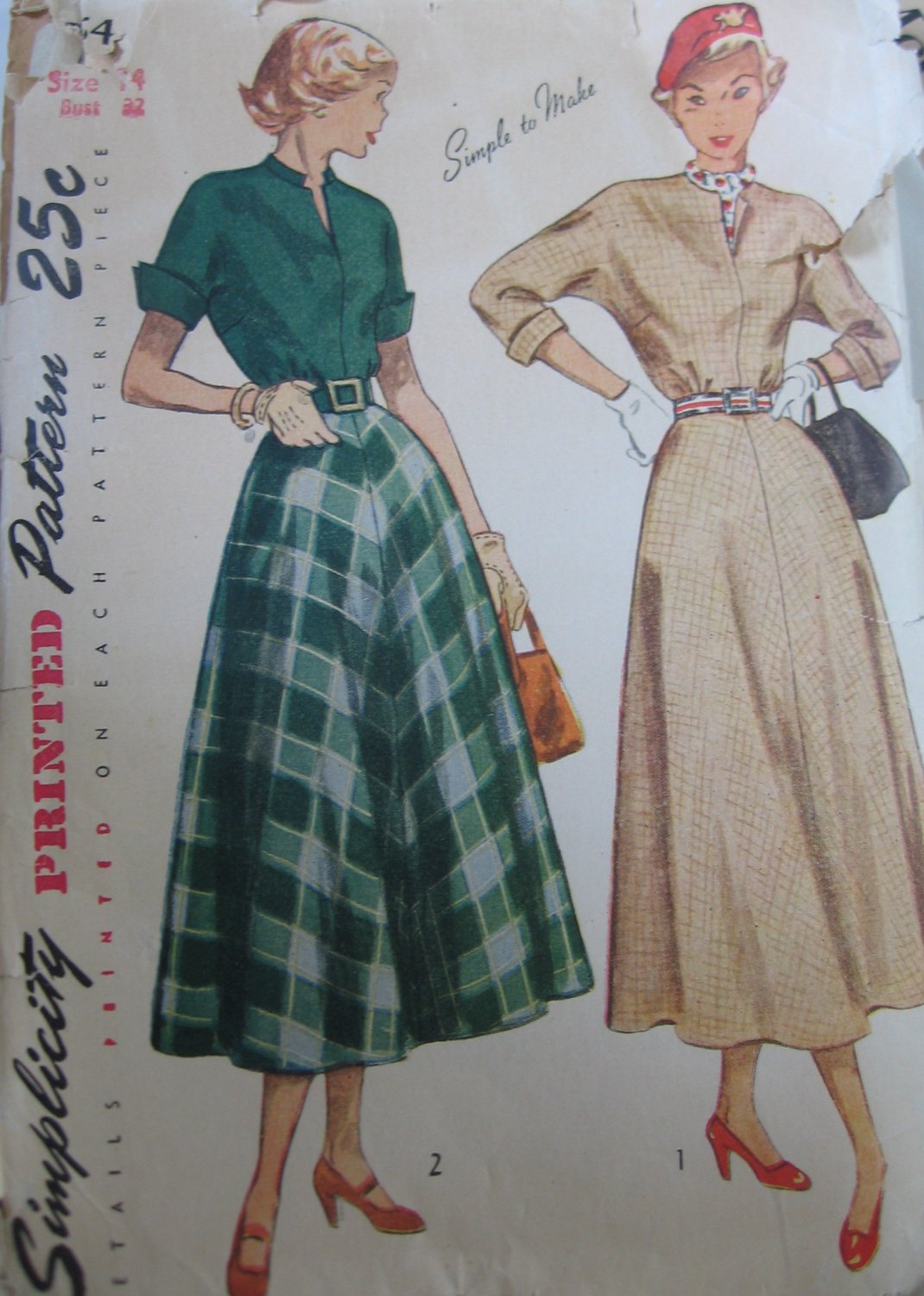 Vintage 40's Flared Skirt Dress Sewing Pattern Simplicity 2764 sz 14