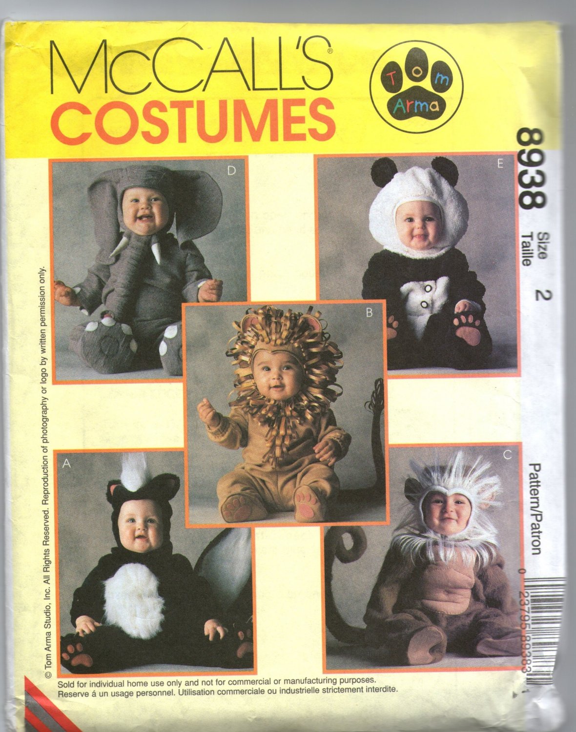Uncut Toddler Halloween Costume Skunk Lion Monkey Elephant Panda Sewing McCalls 8938 Pattern size 2