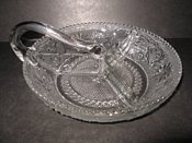 DUNCAN MILLER SANDWICH GLASS 3 PART ROUND RELISH APPLIED HANDLE