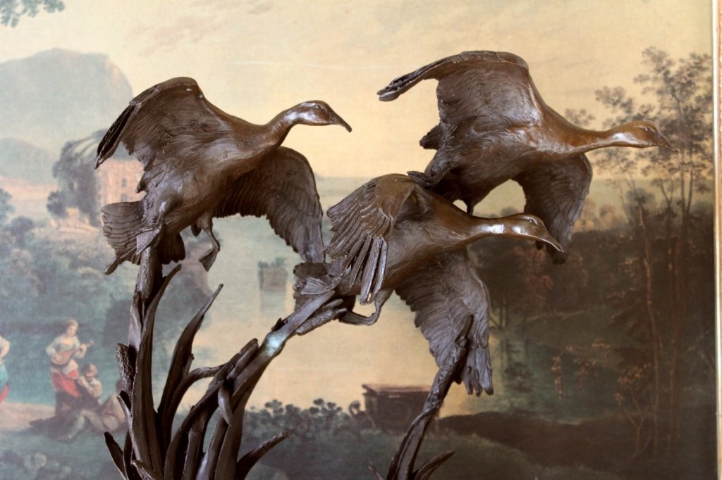Hunting Wildlife A Flock of Flying Ducks Bronze Sculpture