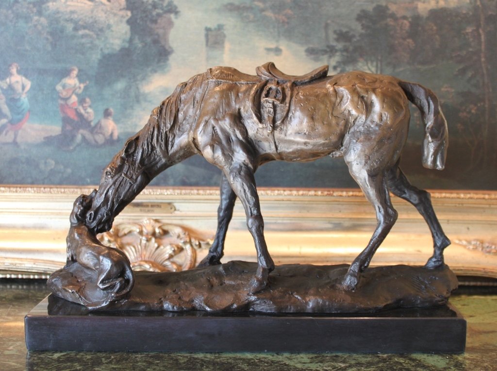 Large Country Equestrian Horse and Dog Bronze Sculpture