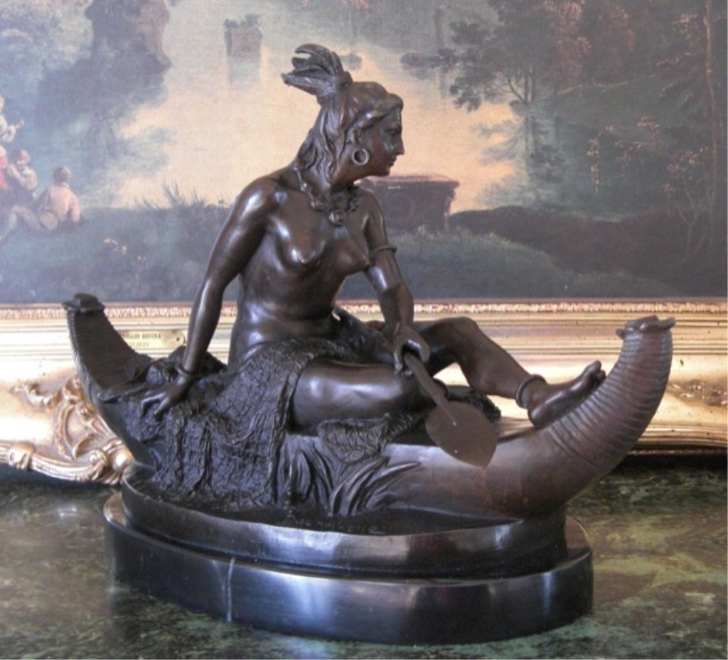 Native American Indian Woman in Canoe Bronze Sculpture