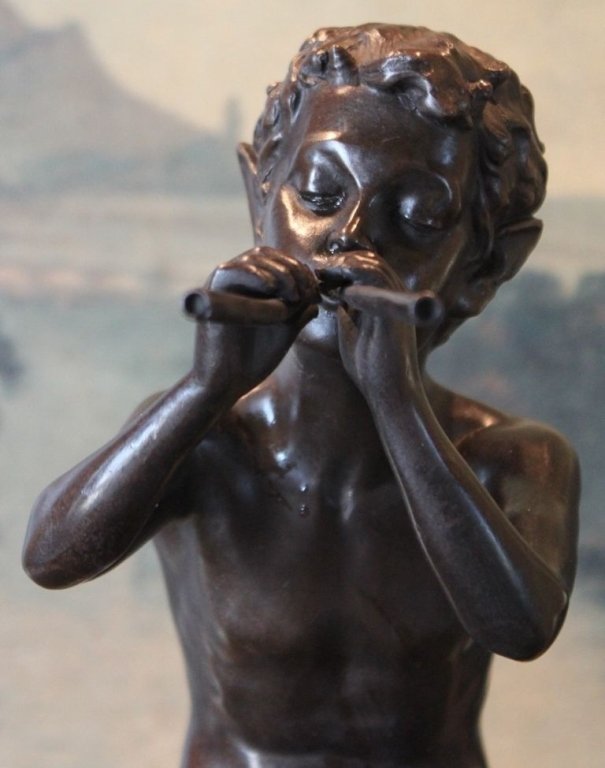 Mythological Faun Flute Playing Bronze Sculpture