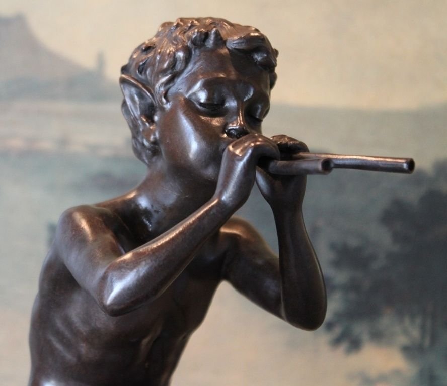 Mythological Faun Flute Playing Bronze Sculpture