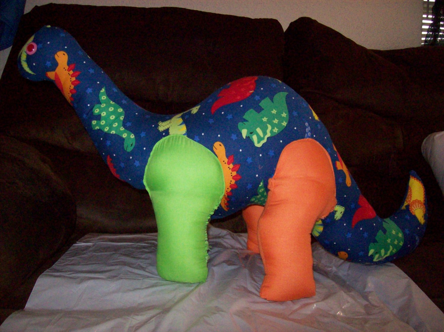 Handmade Stuffed Bronto With Green & Orange Legs