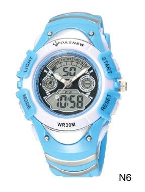 HighQuality PASNEW LED+Pointer Water-proof Dual Time Boys Sport Watch --N6