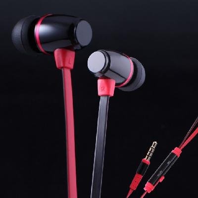 KingTime Black and Red 3.5mm plug in-ear stereo flat metal earphones for iphone, ipod, ipad,samsung