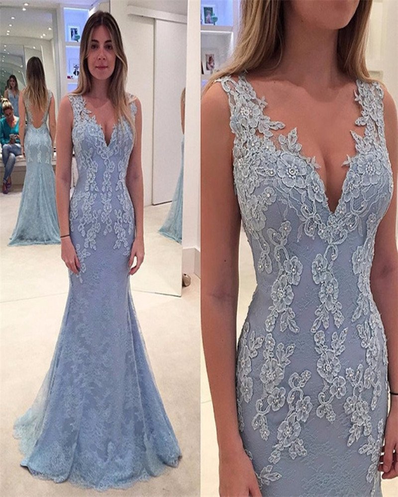 Elegant Lace Evening Dress, Blue Prom Dress, Long Prom Dress, Lace Prom Dress