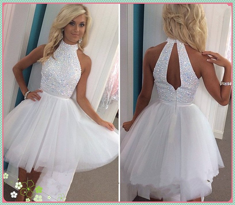 Hot Sale White Halter Beading Homecoming Dresses,Sparkly Short Homecoming Dress For Teens