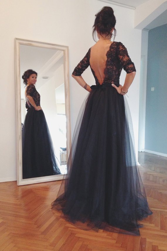Lace and Tulle Prom Dresses, Floor-Length Prom Dresses, Sexy Backless Prom Dresses