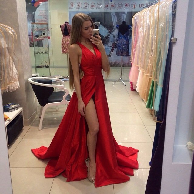 Real Sexy Cheap Front Split Prom Dresses,Simple Long Party Dresses,Deep V-neck Evening Dresses