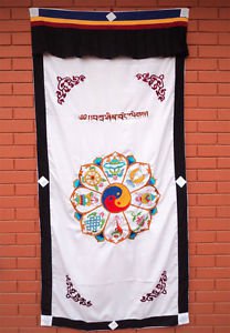 Astamangal Symbol with Ying-Yang Embroidery White Door Curtain