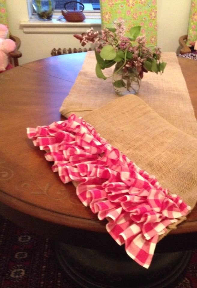 Handmade Burlap Table Runner With Pretty Pink Gingham Ruffles 3 Tires.