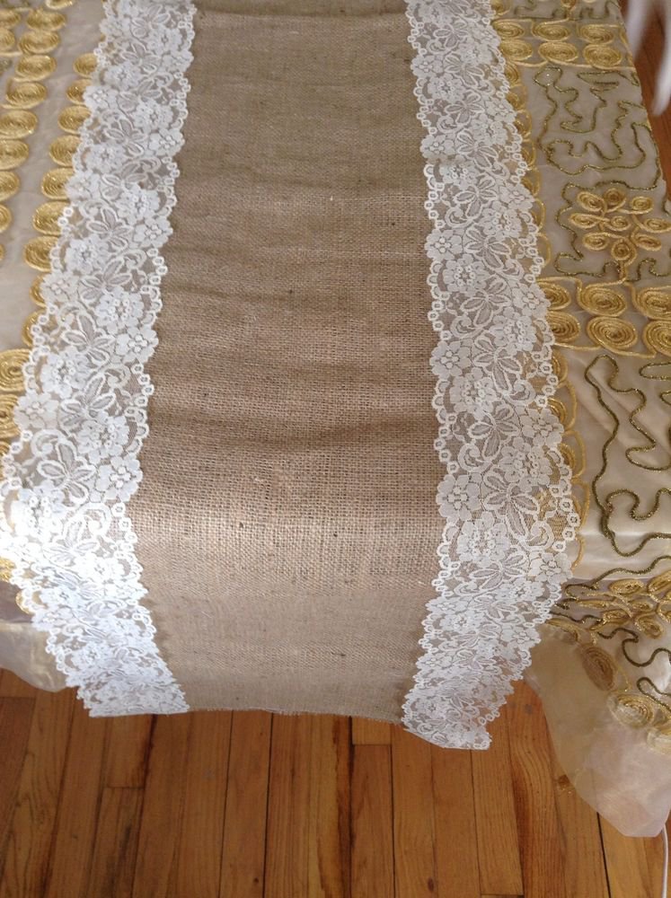 Handmade Natural Burlap Table Runner with Off White Trimming